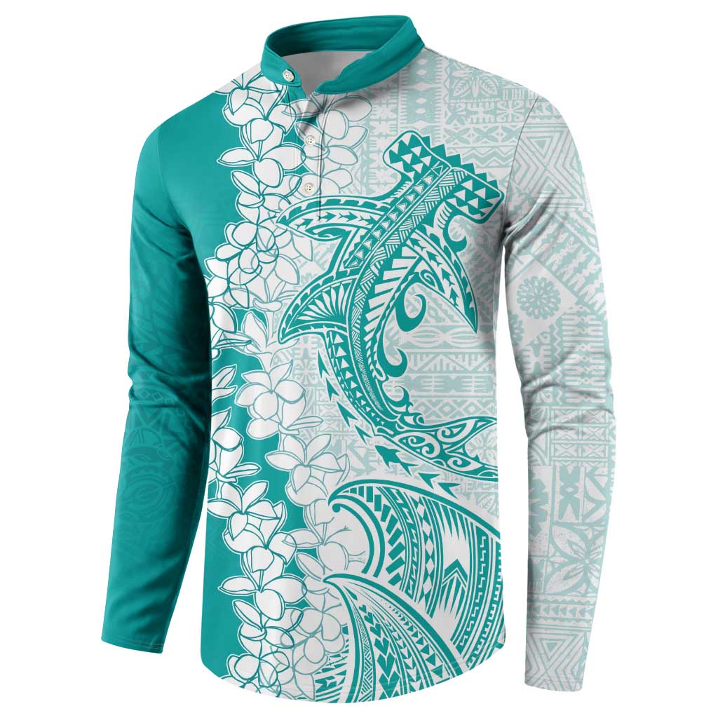 Polynesian Teal Plumeria Lei Button Sweatshirt with Hammerhead Shark LT7 - Polynesian Pride