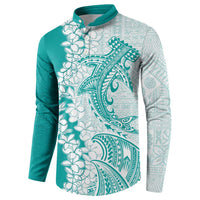 Polynesian Teal Plumeria Lei Button Sweatshirt with Hammerhead Shark LT7 - Polynesian Pride