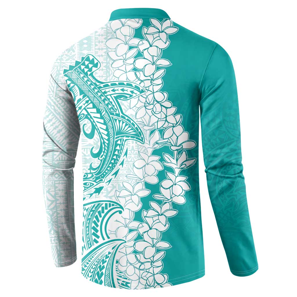 Polynesian Teal Plumeria Lei Button Sweatshirt with Hammerhead Shark LT7 - Polynesian Pride