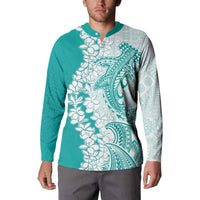 Polynesian Teal Plumeria Lei Button Sweatshirt with Hammerhead Shark LT7 - Polynesian Pride