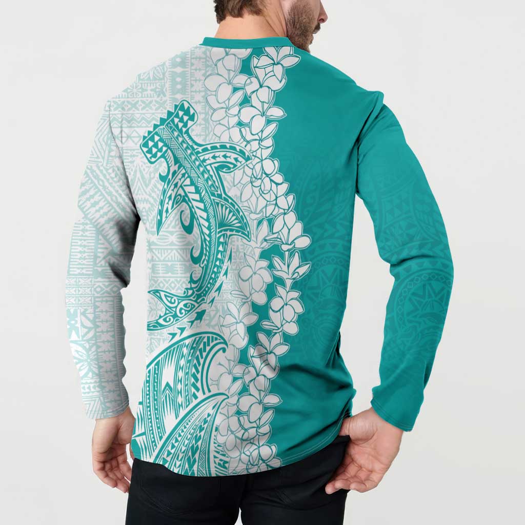 Polynesian Teal Plumeria Lei Button Sweatshirt with Hammerhead Shark LT7 - Polynesian Pride