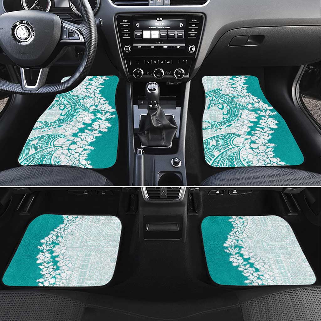 Polynesian Teal Plumeria Lei Car Mats with Hammerhead Shark