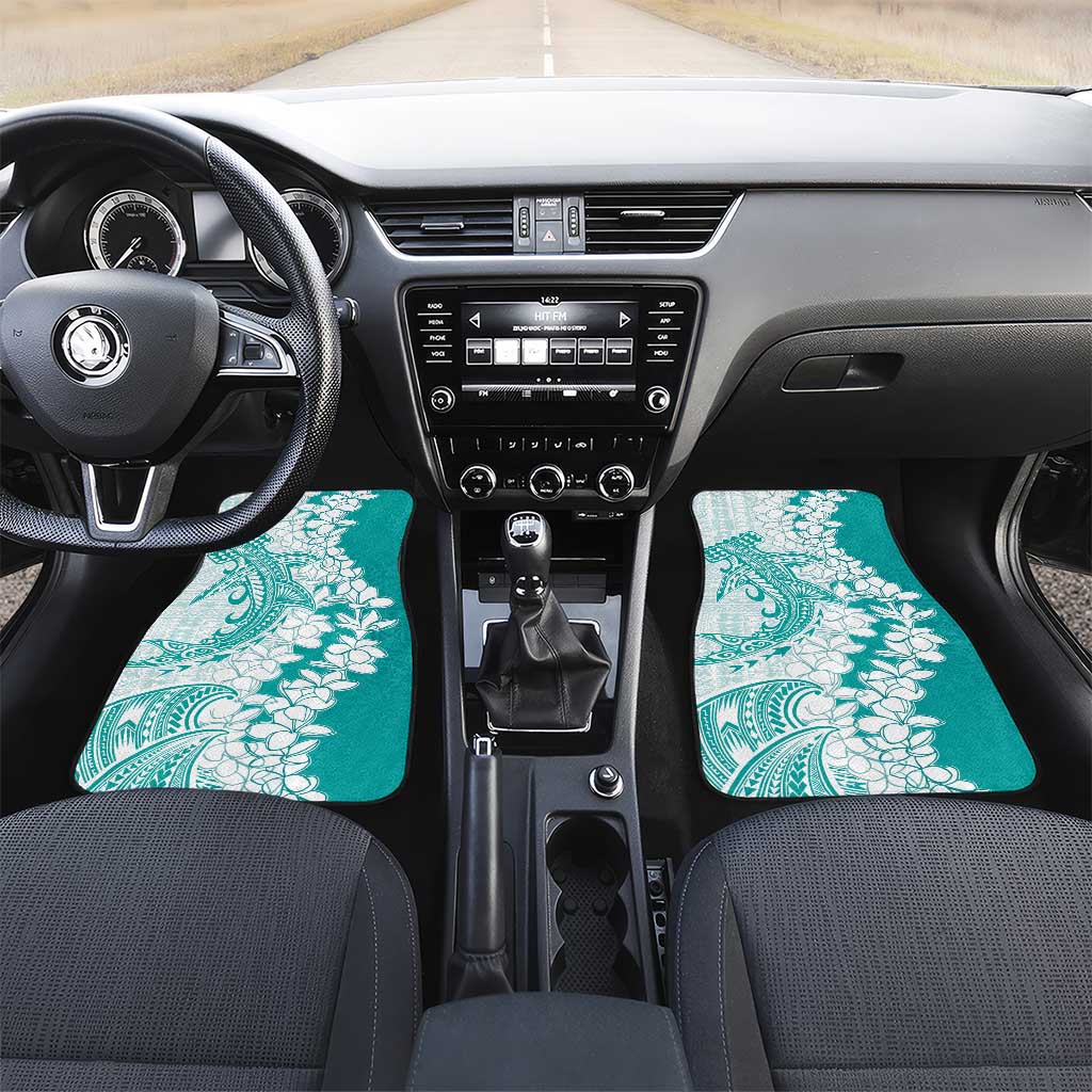 Polynesian Teal Plumeria Lei Car Mats with Hammerhead Shark LT7 Set 2pcs - Front Teal - Polynesian Pride