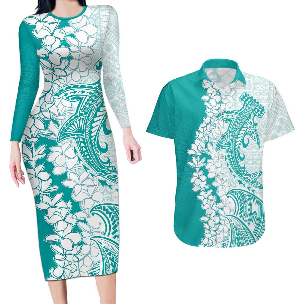 Polynesian Teal Plumeria Lei Couples Matching Long Sleeve Bodycon Dress and Hawaiian Shirt with Hammerhead Shark