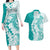 Polynesian Teal Plumeria Lei Couples Matching Long Sleeve Bodycon Dress and Hawaiian Shirt with Hammerhead Shark