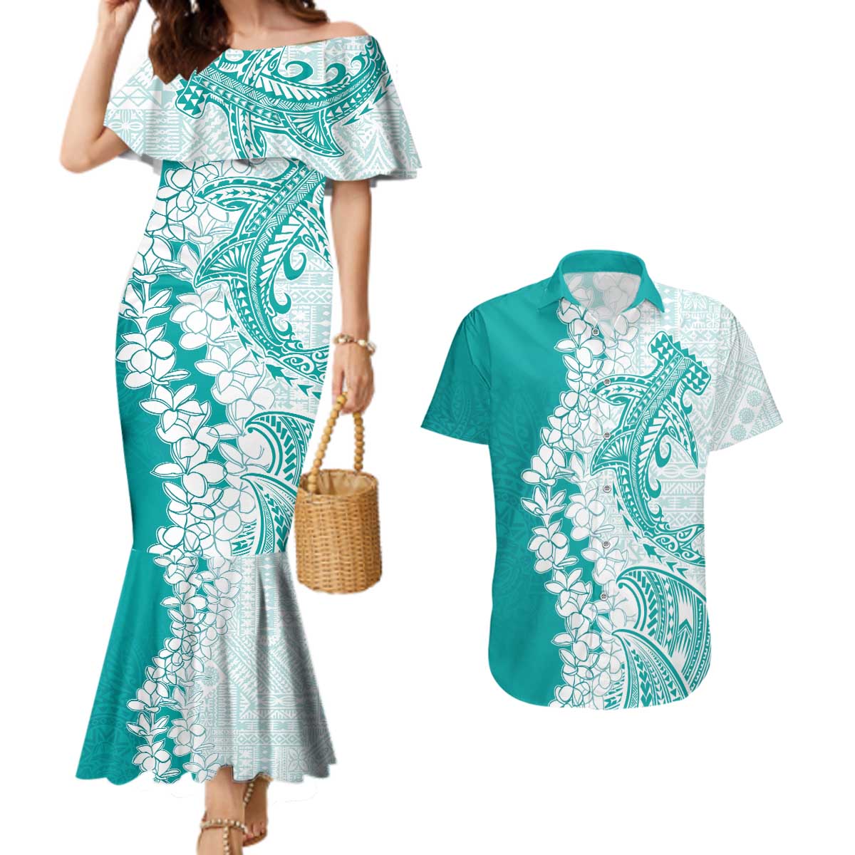 Polynesian Teal Plumeria Lei Couples Matching Mermaid Dress and Hawaiian Shirt with Hammerhead Shark