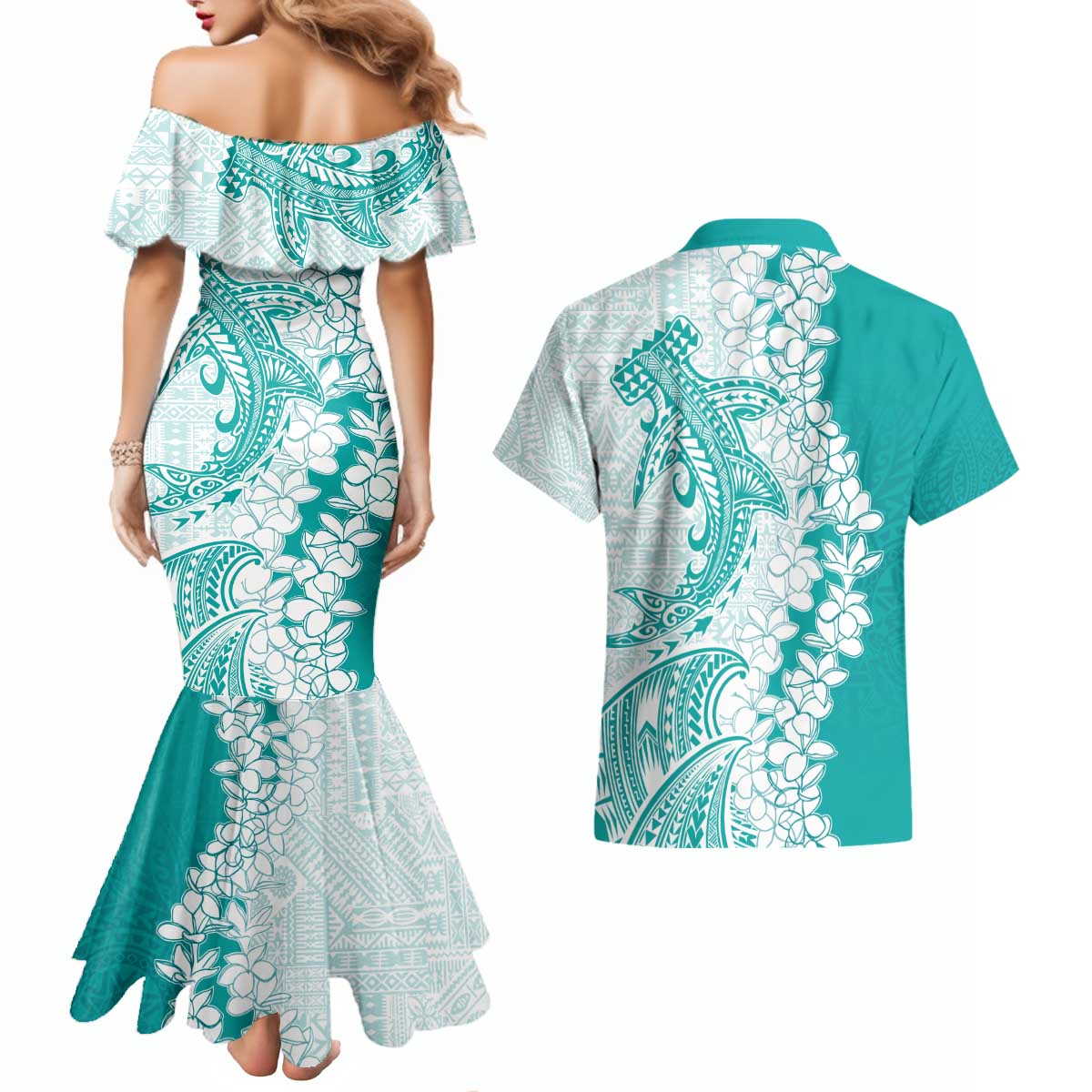 Polynesian Teal Plumeria Lei Couples Matching Mermaid Dress and Hawaiian Shirt with Hammerhead Shark