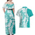 Polynesian Teal Plumeria Lei Couples Matching Off Shoulder Maxi Dress and Hawaiian Shirt with Hammerhead Shark