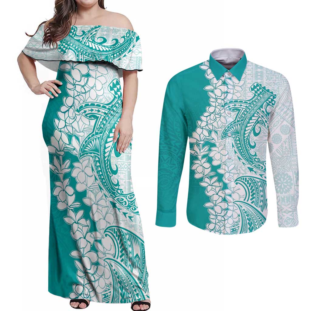 Polynesian Teal Plumeria Lei Couples Matching Off Shoulder Maxi Dress and Long Sleeve Button Shirt with Hammerhead Shark LT7 Teal - Polynesian Pride