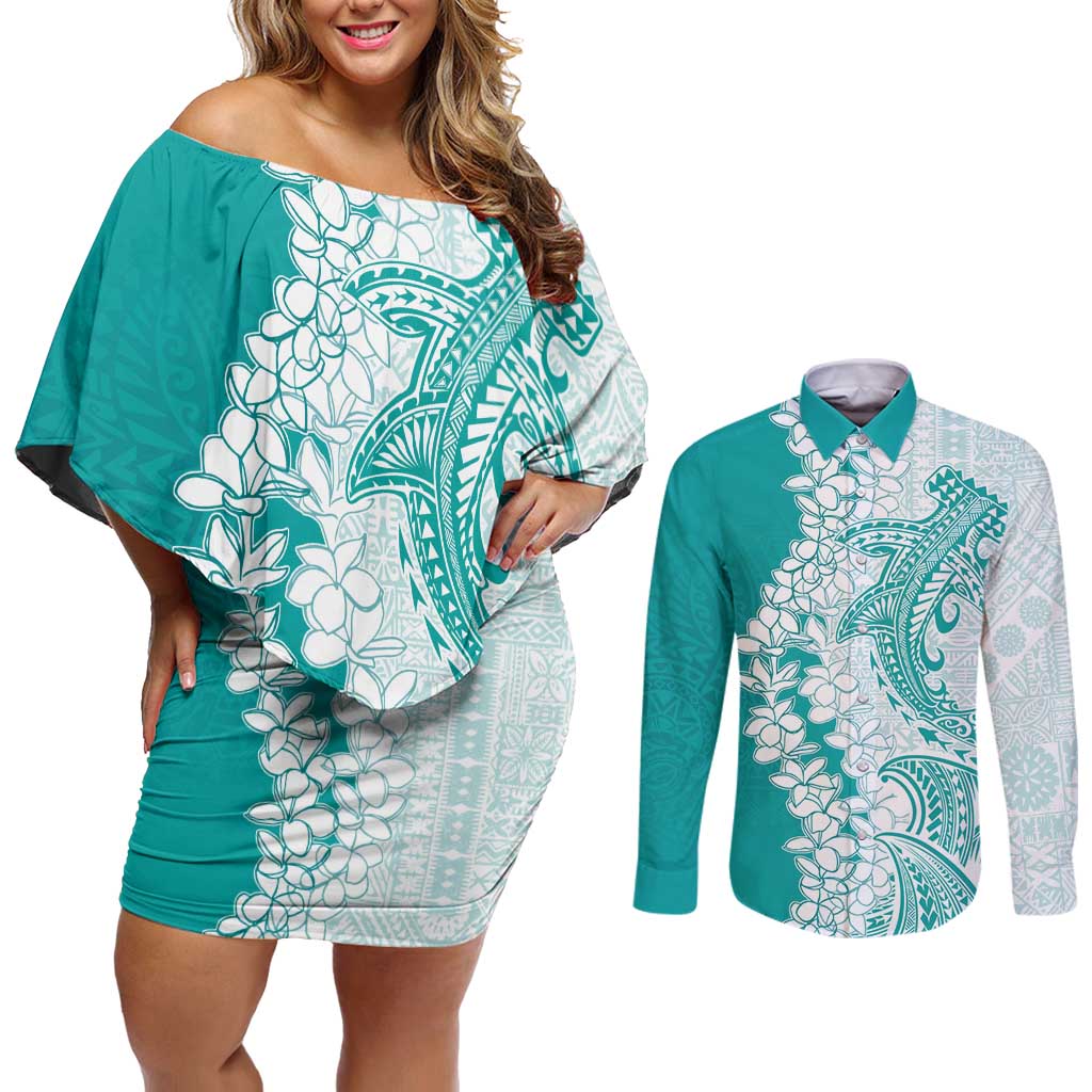 Polynesian Teal Plumeria Lei Couples Matching Off Shoulder Short Dress and Long Sleeve Button Shirt with Hammerhead Shark LT7 Teal - Polynesian Pride