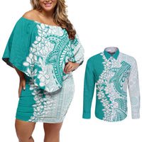 Polynesian Teal Plumeria Lei Couples Matching Off Shoulder Short Dress and Long Sleeve Button Shirt with Hammerhead Shark LT7 Teal - Polynesian Pride