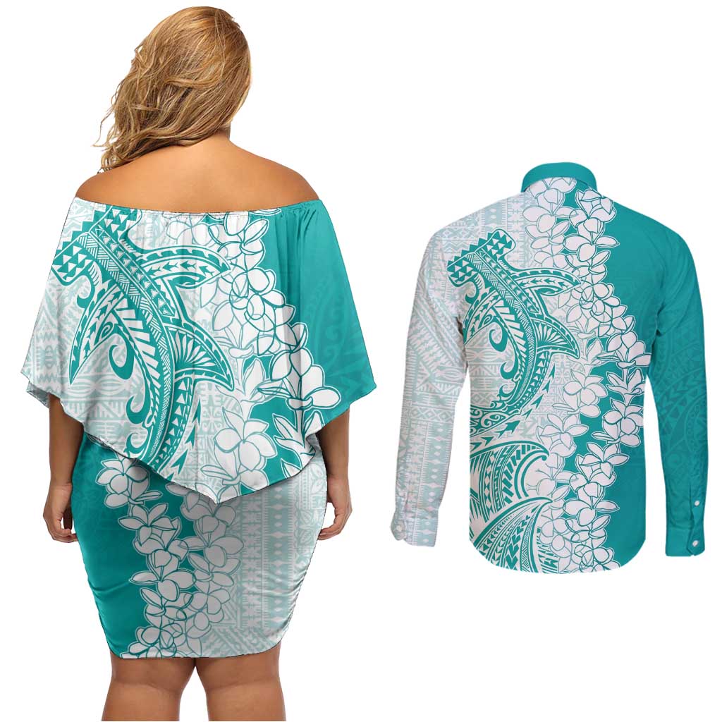 Polynesian Teal Plumeria Lei Couples Matching Off Shoulder Short Dress and Long Sleeve Button Shirt with Hammerhead Shark LT7 - Polynesian Pride