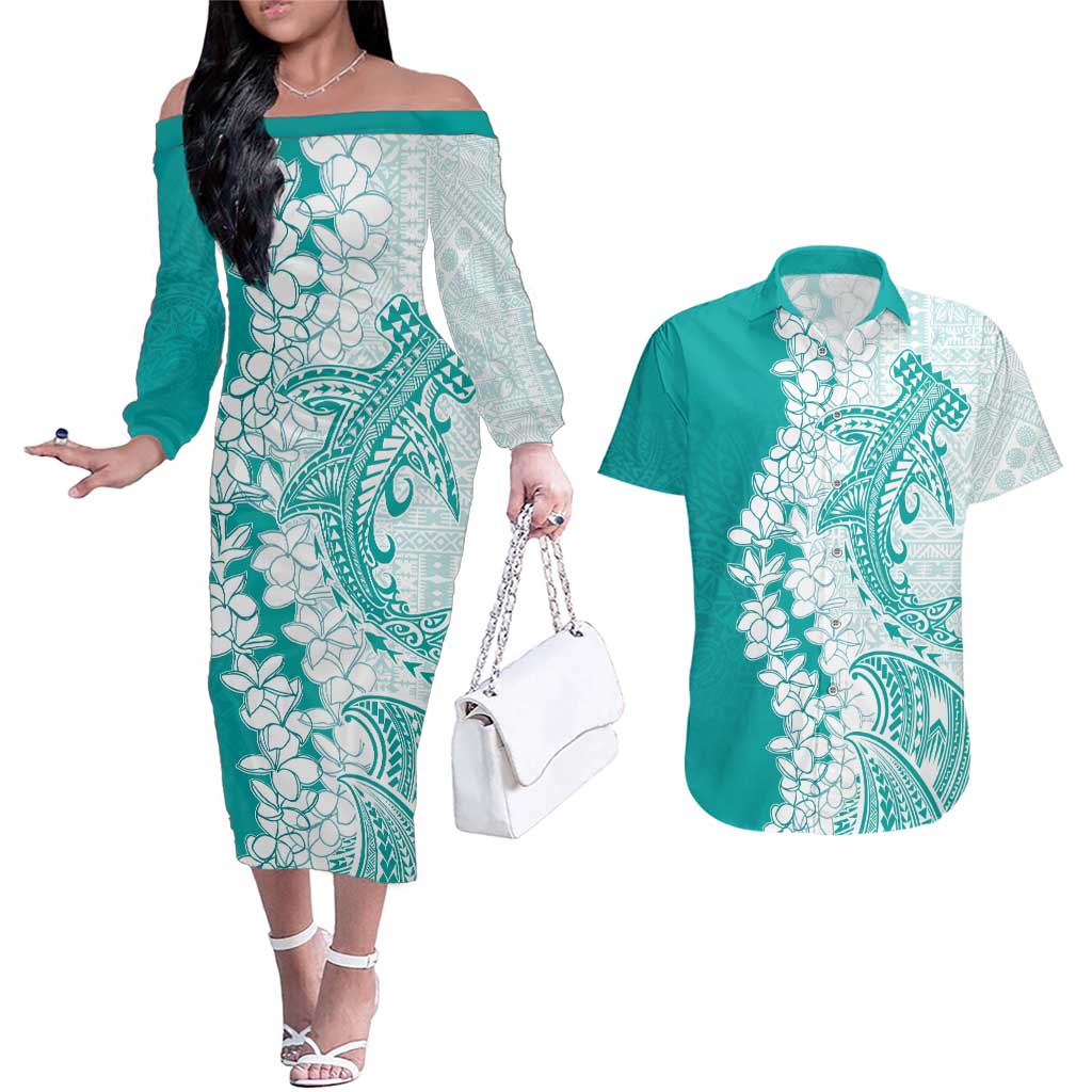 Polynesian Teal Plumeria Lei Couples Matching Off The Shoulder Long Sleeve Dress and Hawaiian Shirt with Hammerhead Shark