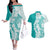 Polynesian Teal Plumeria Lei Couples Matching Off The Shoulder Long Sleeve Dress and Hawaiian Shirt with Hammerhead Shark