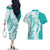 Polynesian Teal Plumeria Lei Couples Matching Off The Shoulder Long Sleeve Dress and Hawaiian Shirt with Hammerhead Shark