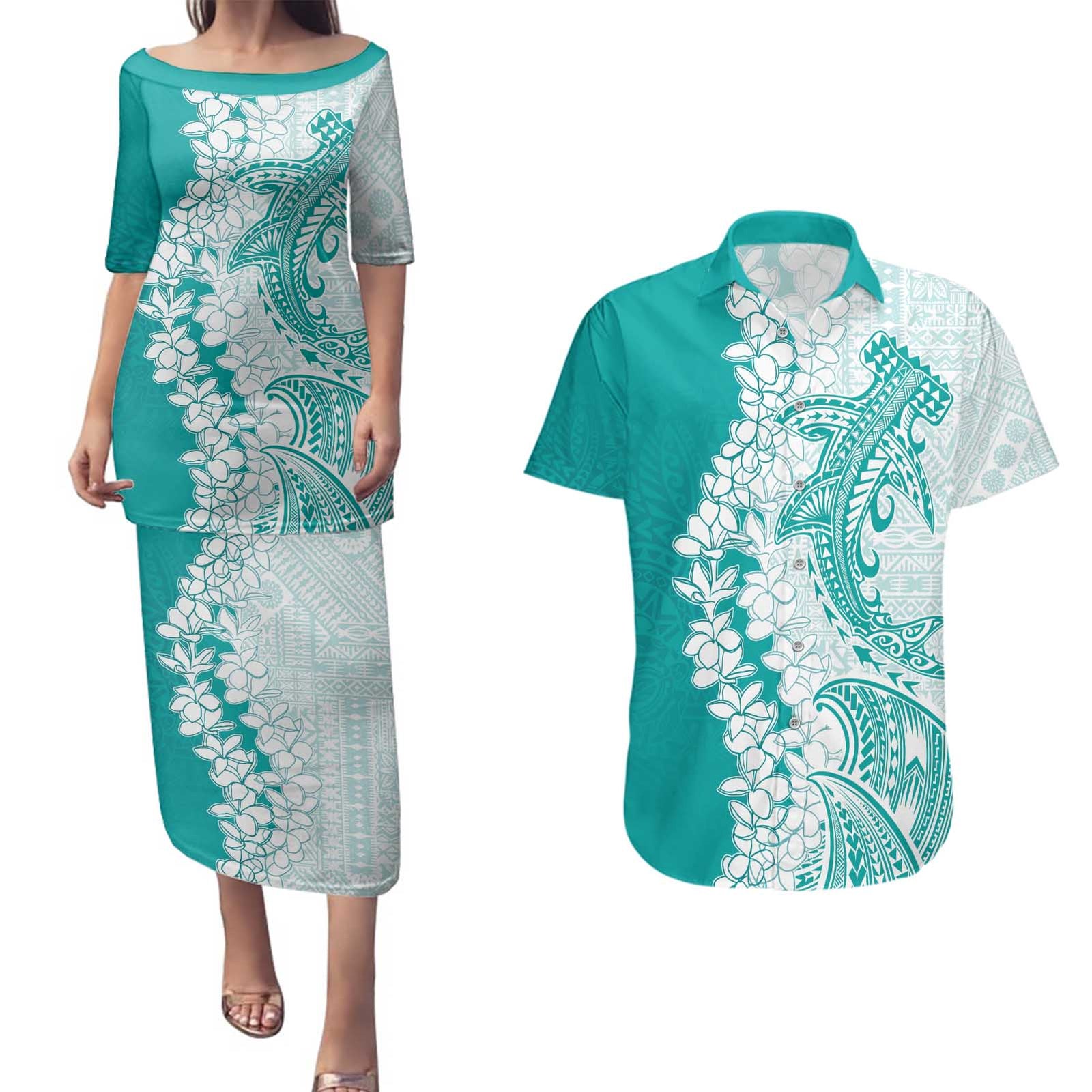 Polynesian Teal Plumeria Lei Couples Matching Puletasi and Hawaiian Shirt with Hammerhead Shark LT7 Teal - Polynesian Pride