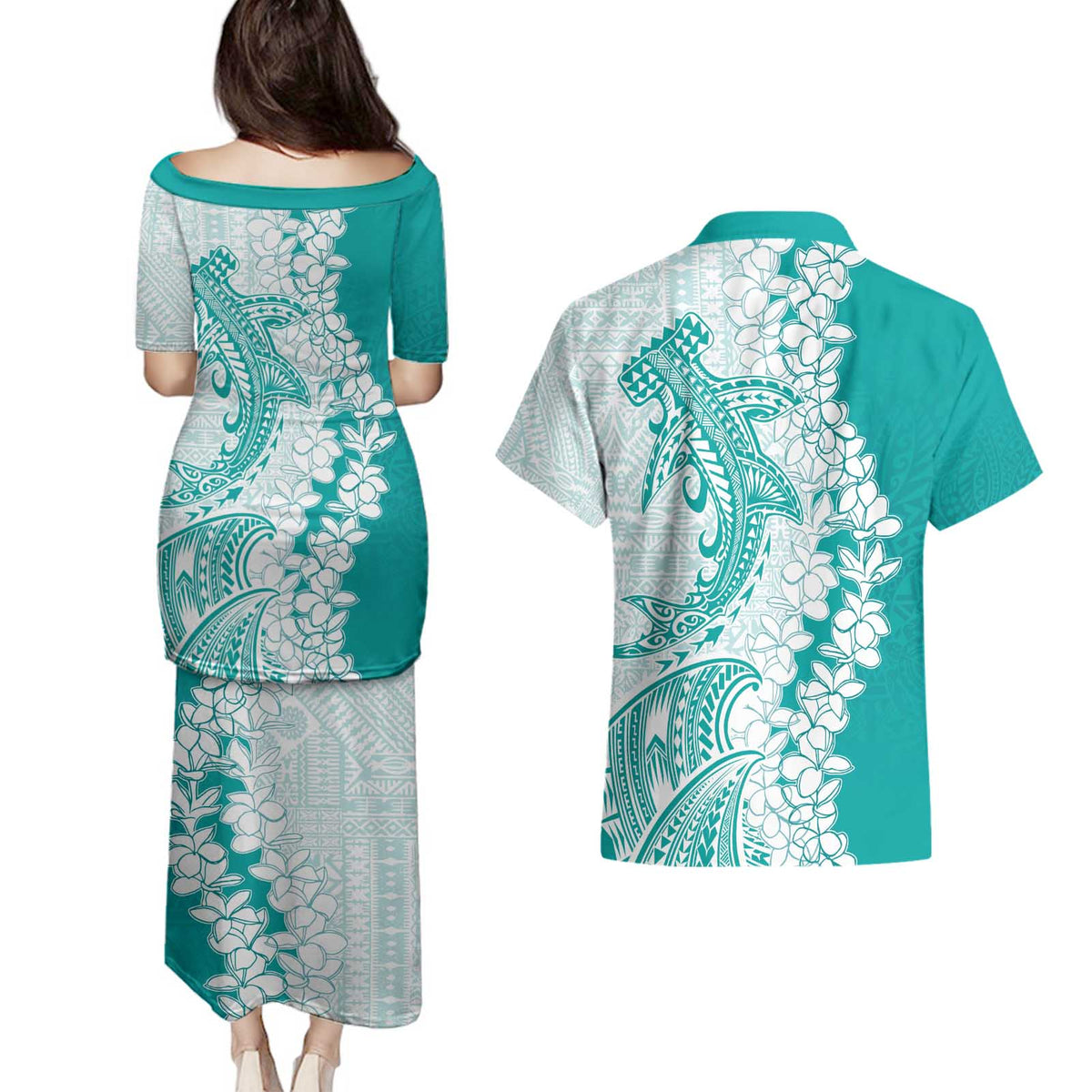 Polynesian Teal Plumeria Lei Couples Matching Puletasi and Hawaiian Shirt with Hammerhead Shark LT7 - Polynesian Pride