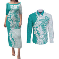 Polynesian Teal Plumeria Lei Couples Matching Puletasi and Long Sleeve Button Shirt with Hammerhead Shark LT7 Teal - Polynesian Pride