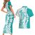 Polynesian Teal Plumeria Lei Couples Matching Short Sleeve Bodycon Dress and Hawaiian Shirt with Hammerhead Shark