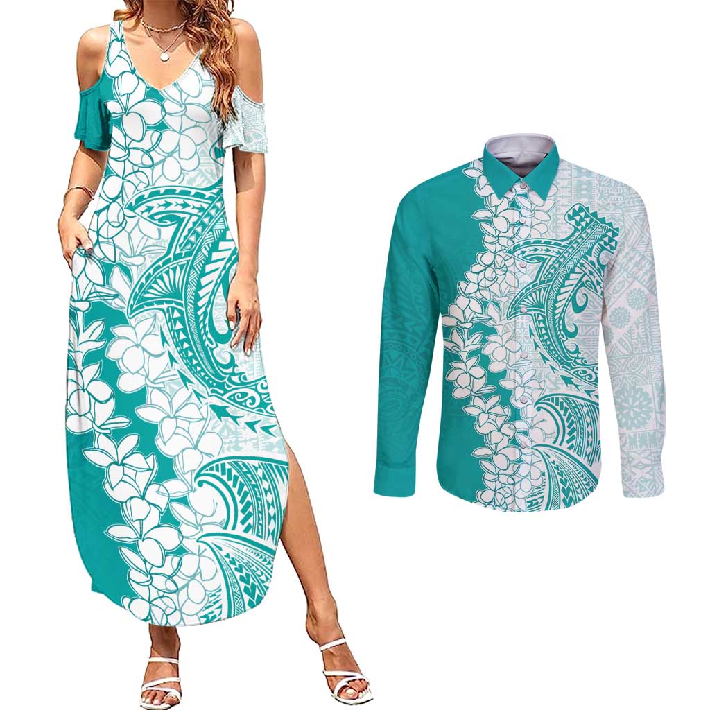 Polynesian Teal Plumeria Lei Couples Matching Summer Maxi Dress and Long Sleeve Button Shirt with Hammerhead Shark LT7 Teal - Polynesian Pride