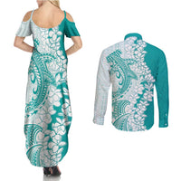 Polynesian Teal Plumeria Lei Couples Matching Summer Maxi Dress and Long Sleeve Button Shirt with Hammerhead Shark LT7 - Polynesian Pride