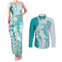 Polynesian Teal Plumeria Lei Couples Matching Tank Maxi Dress and Long Sleeve Button Shirt with Hammerhead Shark LT7 Teal - Polynesian Pride