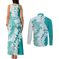 Polynesian Teal Plumeria Lei Couples Matching Tank Maxi Dress and Long Sleeve Button Shirt with Hammerhead Shark LT7 - Polynesian Pride