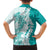 Polynesian Teal Plumeria Lei Family Matching Long Sleeve Bodycon Dress and Hawaiian Shirt with Hammerhead Shark