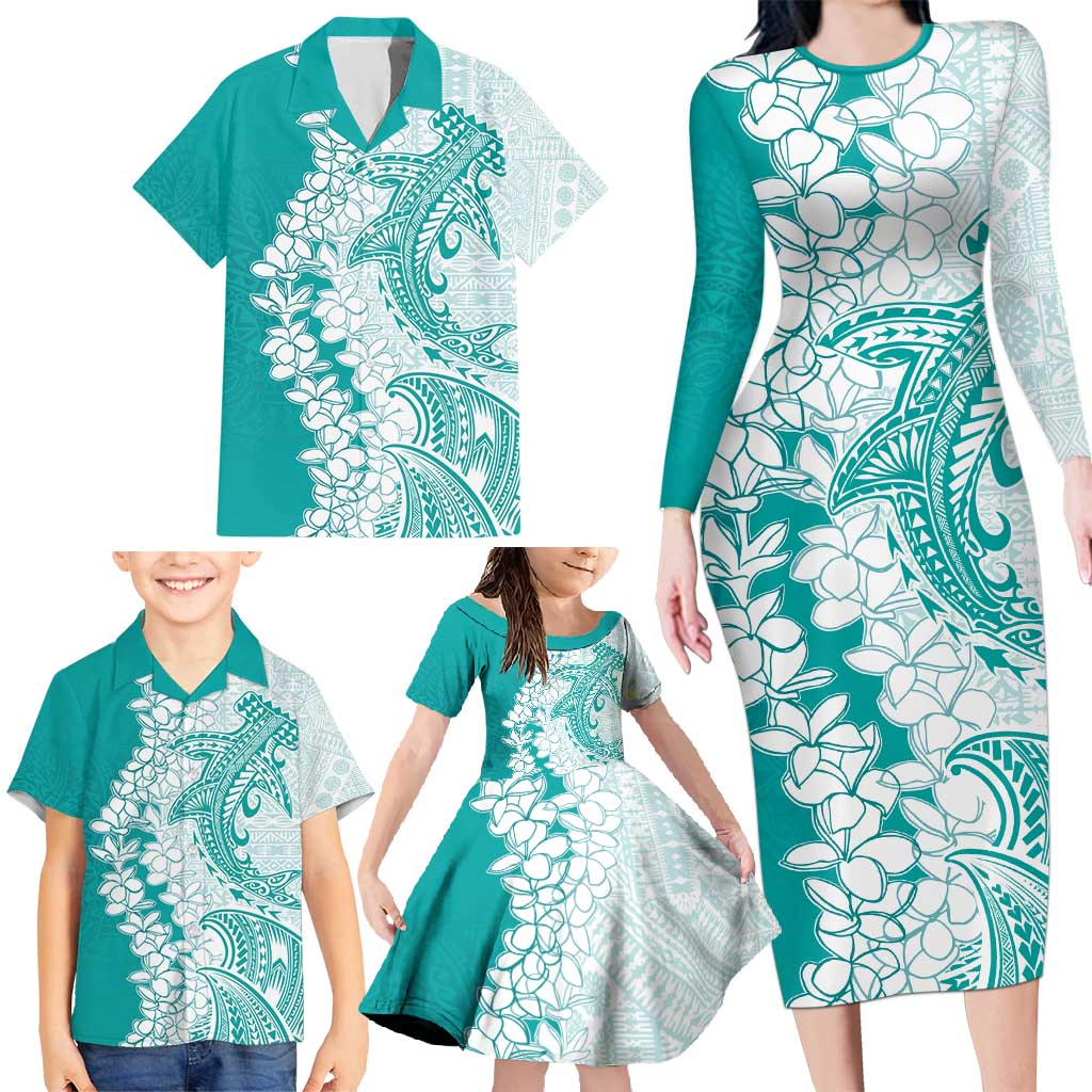 Polynesian Teal Plumeria Lei Family Matching Long Sleeve Bodycon Dress and Hawaiian Shirt with Hammerhead Shark