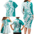 Polynesian Teal Plumeria Lei Family Matching Long Sleeve Bodycon Dress and Hawaiian Shirt with Hammerhead Shark