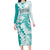 Polynesian Teal Plumeria Lei Family Matching Long Sleeve Bodycon Dress and Hawaiian Shirt with Hammerhead Shark