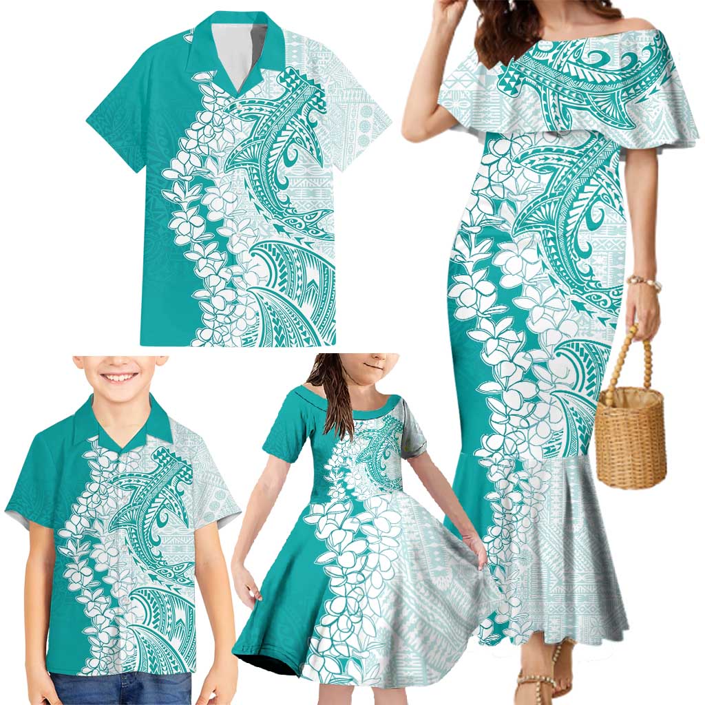 Polynesian Teal Plumeria Lei Family Matching Mermaid Dress and Hawaiian Shirt with Hammerhead Shark