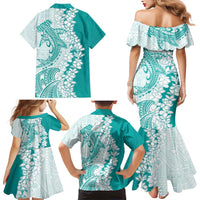 Polynesian Teal Plumeria Lei Family Matching Mermaid Dress and Hawaiian Shirt with Hammerhead Shark