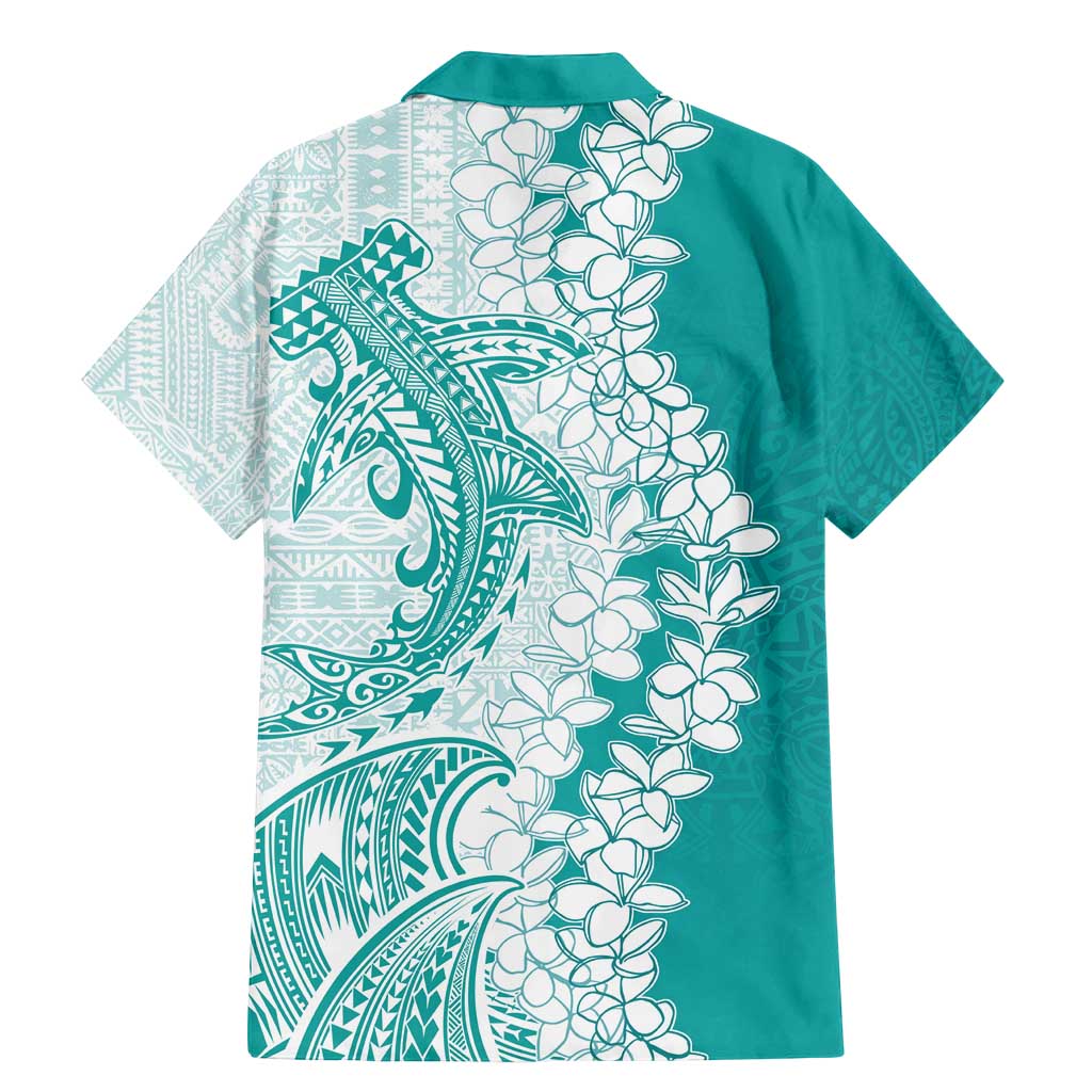 Polynesian Teal Plumeria Lei Family Matching Mermaid Dress and Hawaiian Shirt with Hammerhead Shark