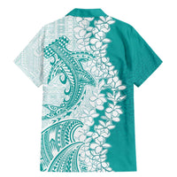 Polynesian Teal Plumeria Lei Family Matching Mermaid Dress and Hawaiian Shirt with Hammerhead Shark