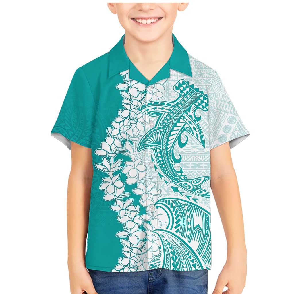 Polynesian Teal Plumeria Lei Family Matching Mermaid Dress and Hawaiian Shirt with Hammerhead Shark