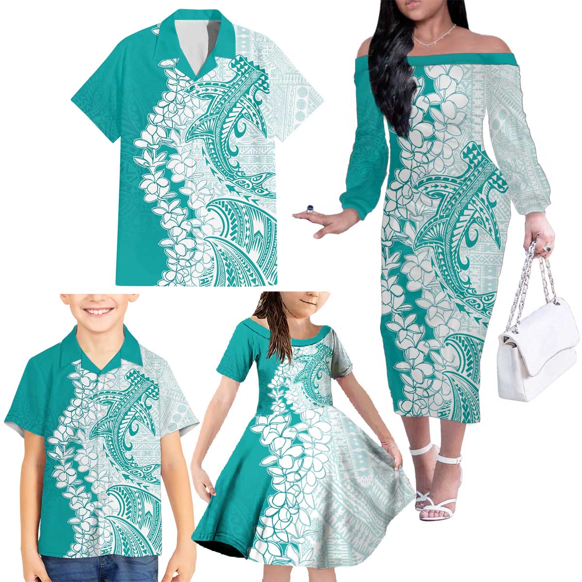 Polynesian Teal Plumeria Lei Family Matching Off The Shoulder Long Sleeve Dress and Hawaiian Shirt with Hammerhead Shark