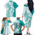 Polynesian Teal Plumeria Lei Family Matching Off The Shoulder Long Sleeve Dress and Hawaiian Shirt with Hammerhead Shark