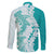 Polynesian Teal Plumeria Lei Family Matching Off The Shoulder Long Sleeve Dress and Hawaiian Shirt with Hammerhead Shark