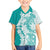 Polynesian Teal Plumeria Lei Family Matching Off The Shoulder Long Sleeve Dress and Hawaiian Shirt with Hammerhead Shark