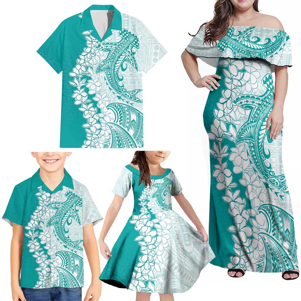 Polynesian Teal Plumeria Lei Family Matching Off Shoulder Maxi Dress and Hawaiian Shirt with Hammerhead Shark