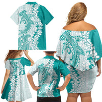 Polynesian Teal Plumeria Lei Family Matching Off Shoulder Short Dress and Hawaiian Shirt with Hammerhead Shark