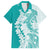 Polynesian Teal Plumeria Lei Family Matching Off Shoulder Short Dress and Hawaiian Shirt with Hammerhead Shark