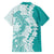Polynesian Teal Plumeria Lei Family Matching Off Shoulder Short Dress and Hawaiian Shirt with Hammerhead Shark