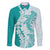 Polynesian Teal Plumeria Lei Family Matching Off Shoulder Short Dress and Hawaiian Shirt with Hammerhead Shark