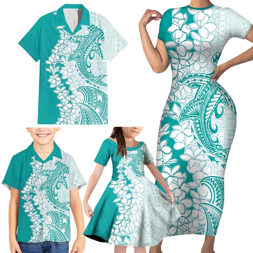 Polynesian Teal Plumeria Lei Family Matching Short Sleeve Bodycon Dress and Hawaiian Shirt with Hammerhead Shark