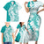 Polynesian Teal Plumeria Lei Family Matching Short Sleeve Bodycon Dress and Hawaiian Shirt with Hammerhead Shark