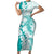 Polynesian Teal Plumeria Lei Family Matching Short Sleeve Bodycon Dress and Hawaiian Shirt with Hammerhead Shark