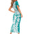 Polynesian Teal Plumeria Lei Family Matching Short Sleeve Bodycon Dress and Hawaiian Shirt with Hammerhead Shark