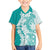 Polynesian Teal Plumeria Lei Family Matching Short Sleeve Bodycon Dress and Hawaiian Shirt with Hammerhead Shark